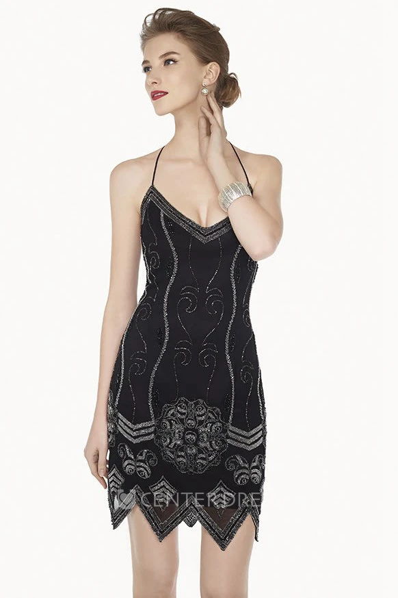 Sexy Spaghetti Straps Tulle Mini Prom Dress With Halter Neckline And Beadings