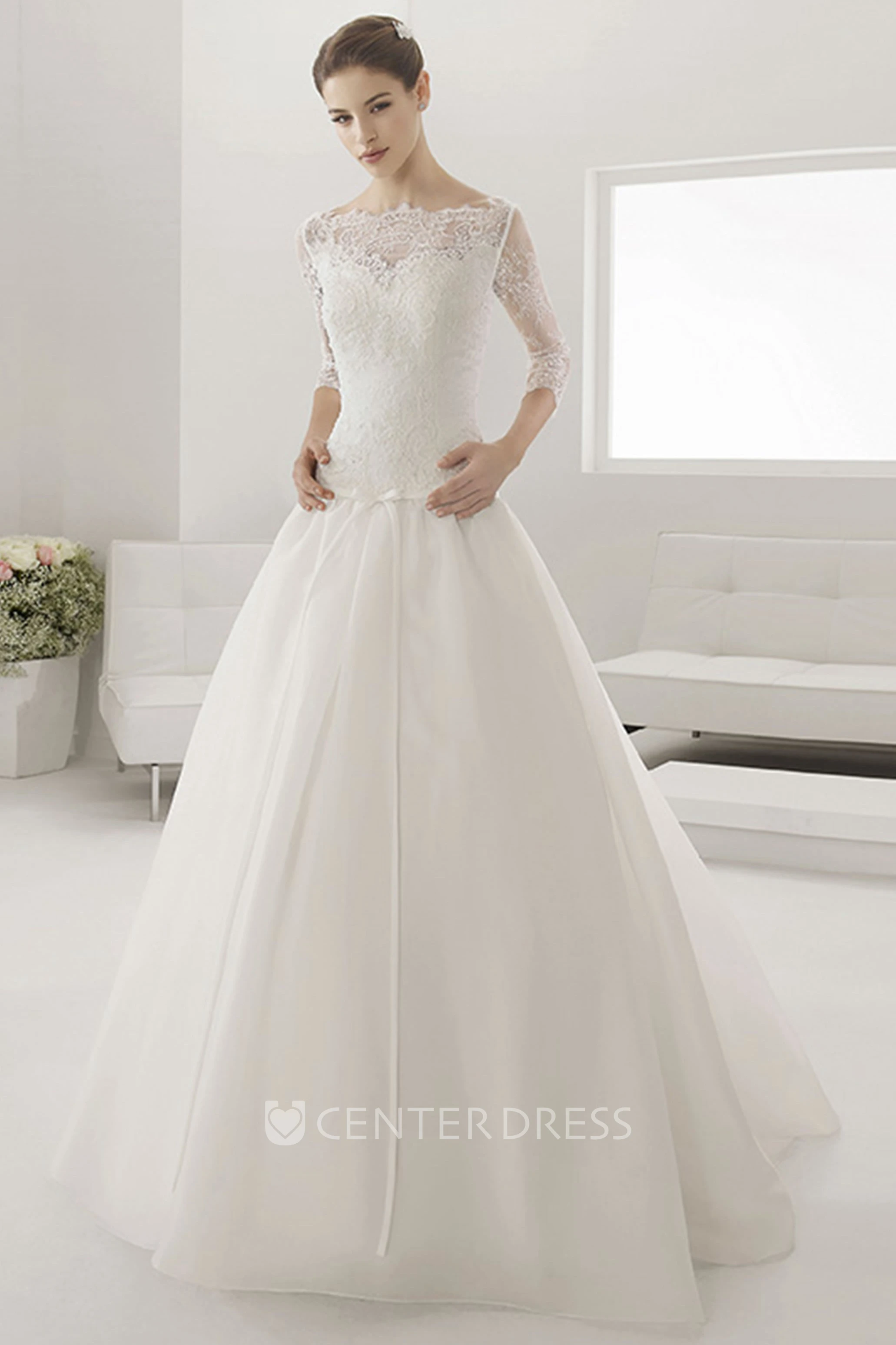 Illusion Bateau Drop Waist Ball Gown With Sash And 3-4 Sleeves