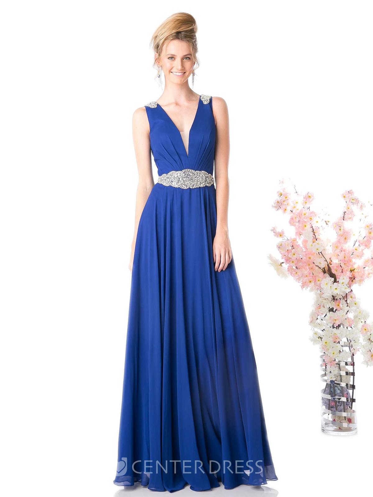 A-Line V-Neck Sleeveless Chiffon Low-V Back Dress With Waist Jewellery And Pleats