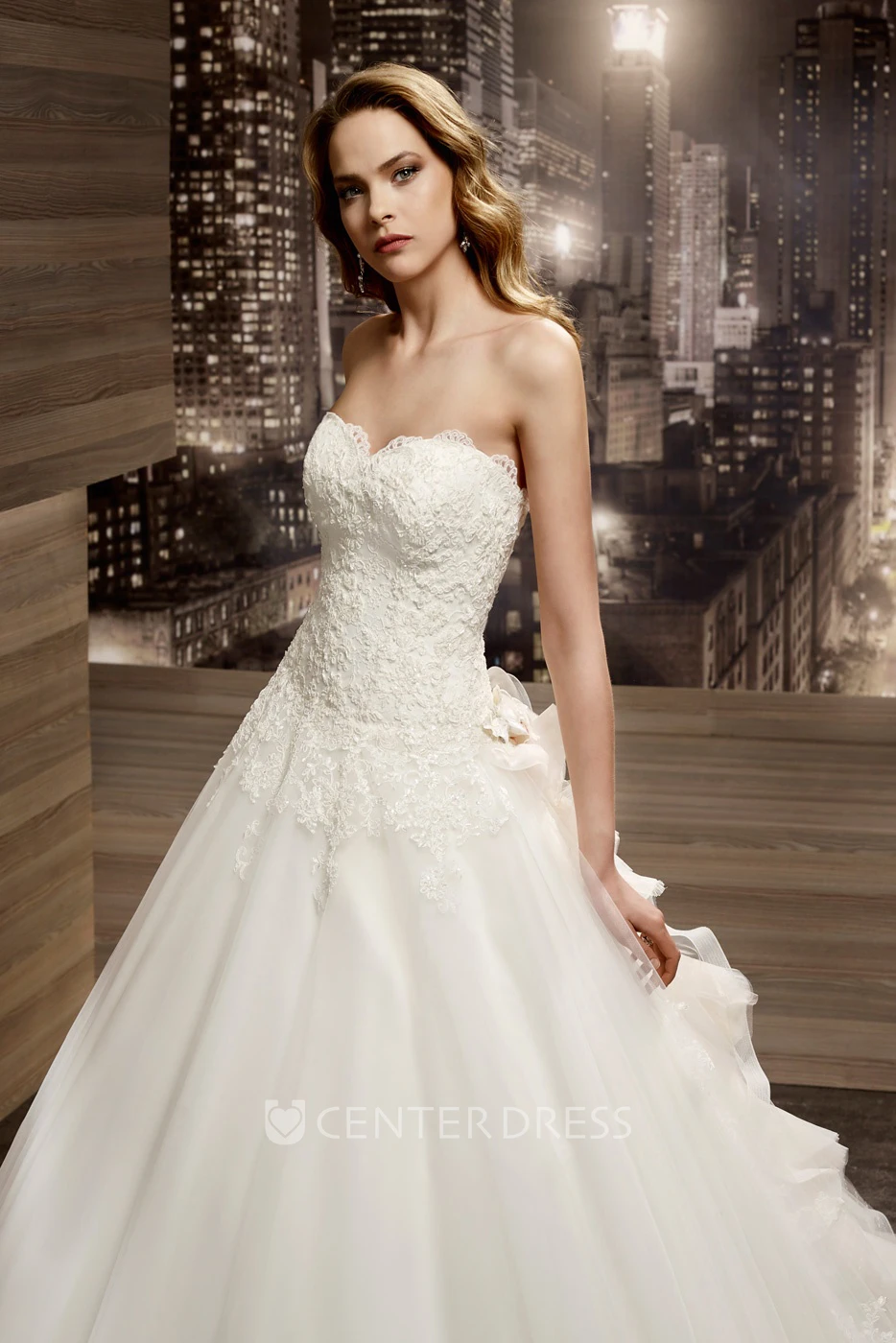 Strapless Appliques A-line Wedding Gown with Ruching Train and Lace-up Back