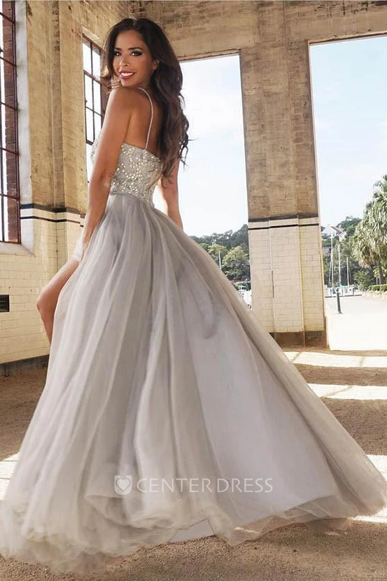 Sleeveless Sweep Brush Train A-Line Spaghetti Sequins Dress
