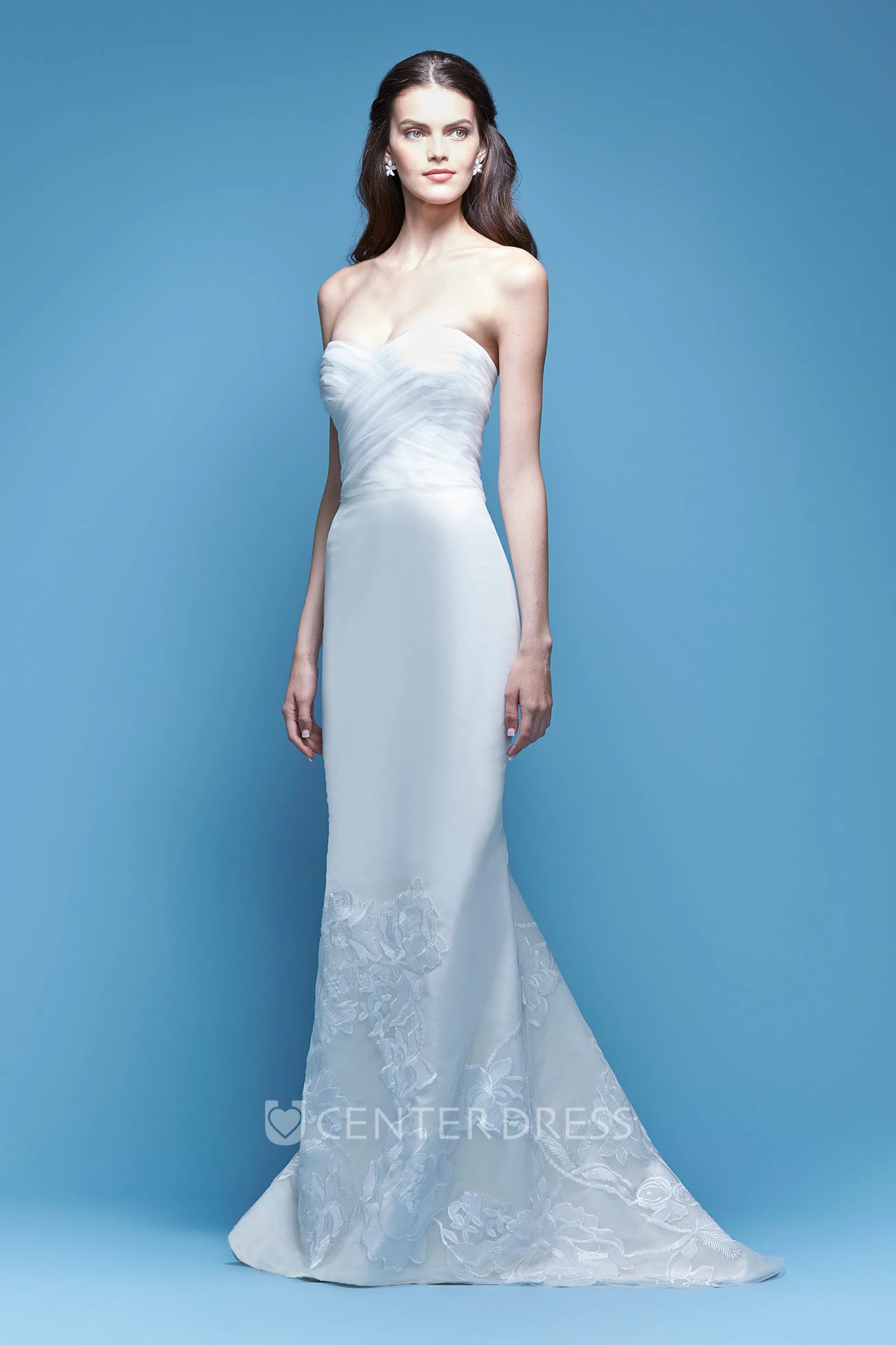 Embroidered Strapless Tulle&Satin Wedding Dress With Criss Cross