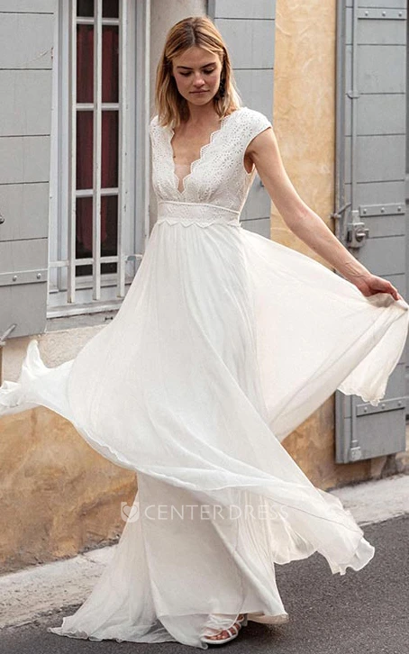 Boho A Line V-neck Chiffon Lace Short Sleeve Wedding Dress with Low-V Back