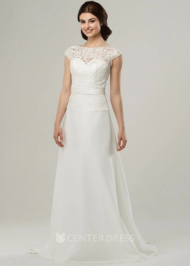Floor-Length Jewel Appliqued Cap-Sleeve Chiffon Wedding Dress