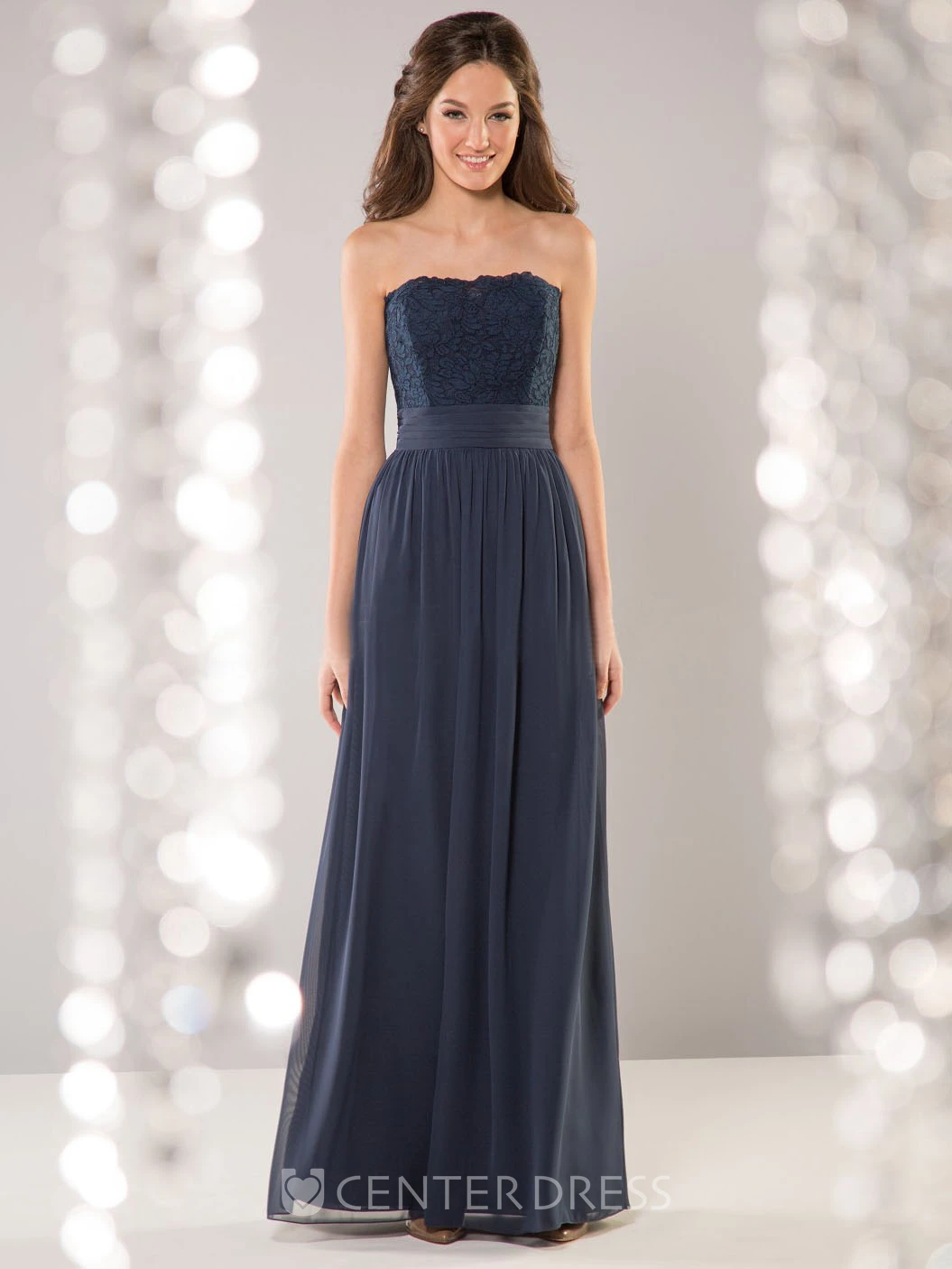 Strapless A-Line Floor-Length Bridesmaid Dress With Pleats And Lace Bodice