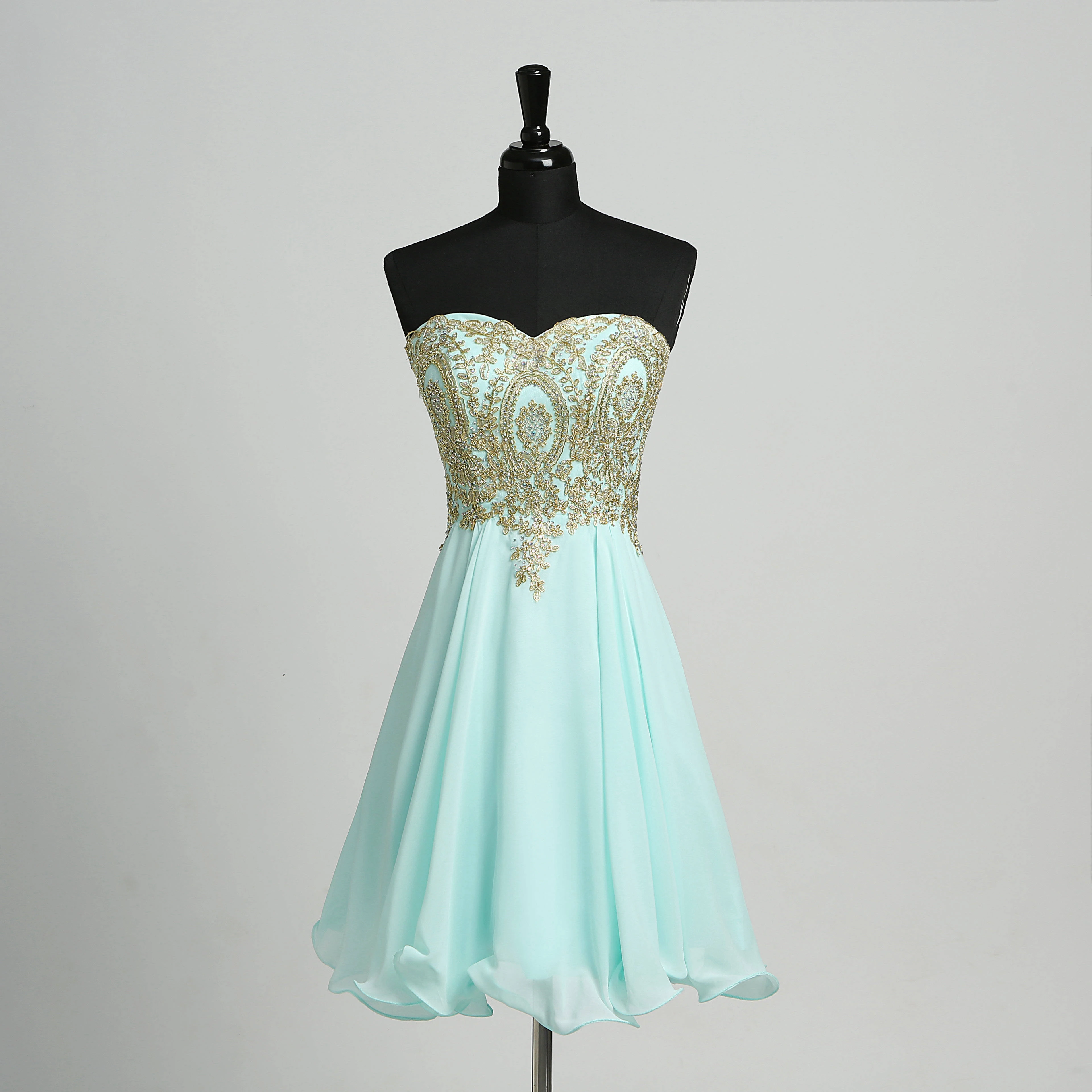 Chiffon Sheath Strapless Sweet heart Sexy Sleeveless Short Mini Open Back Zipper Dress with Beading Sequins