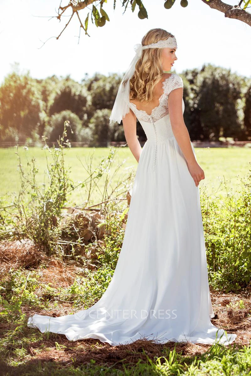 Sheath V-Neck Long Cap-Sleeve Chiffon Wedding Dress With Appliques And V Back