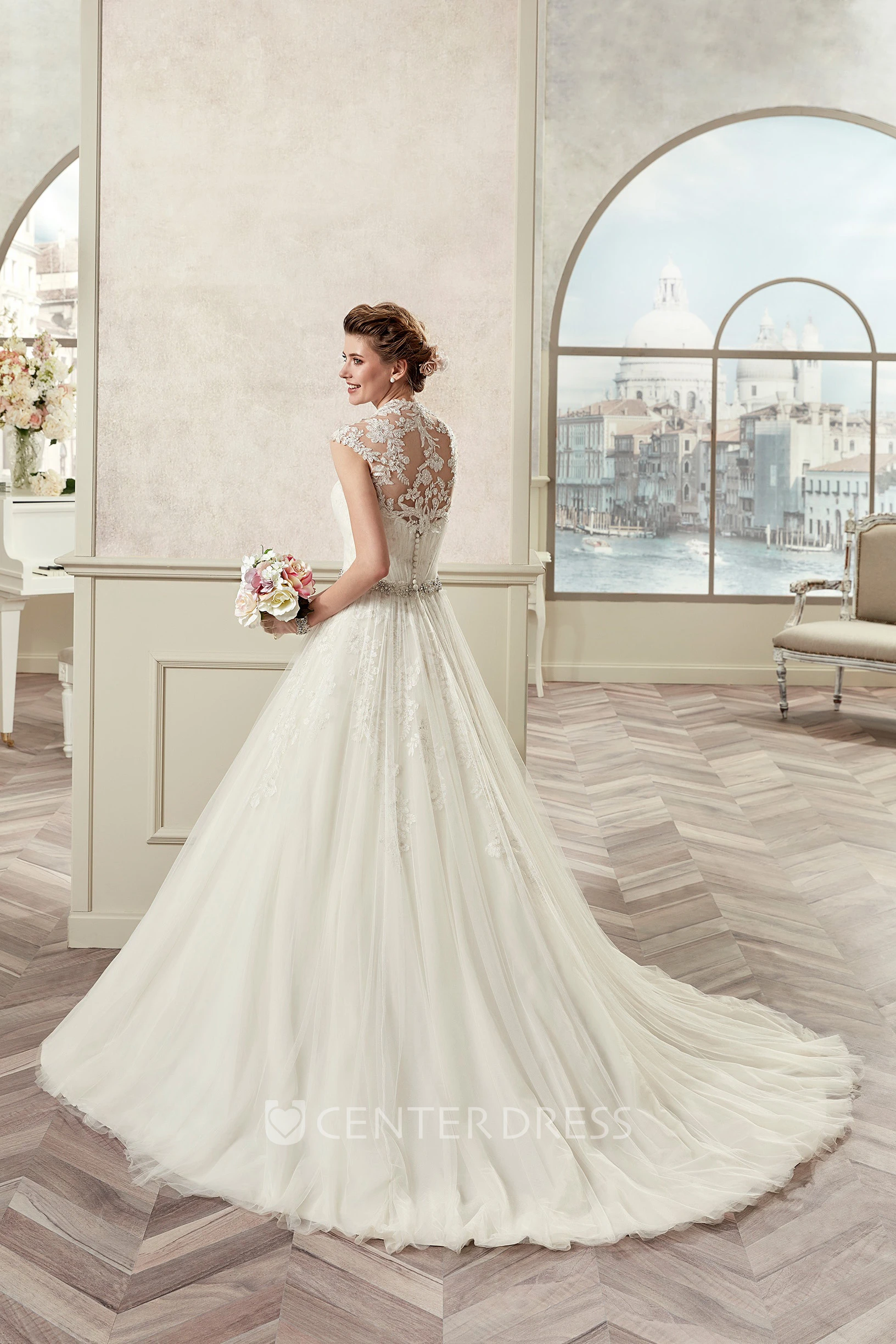 Royal Beaded A-Line Bridal Gown With Queen-Anna Neckline And Pleated Skirt