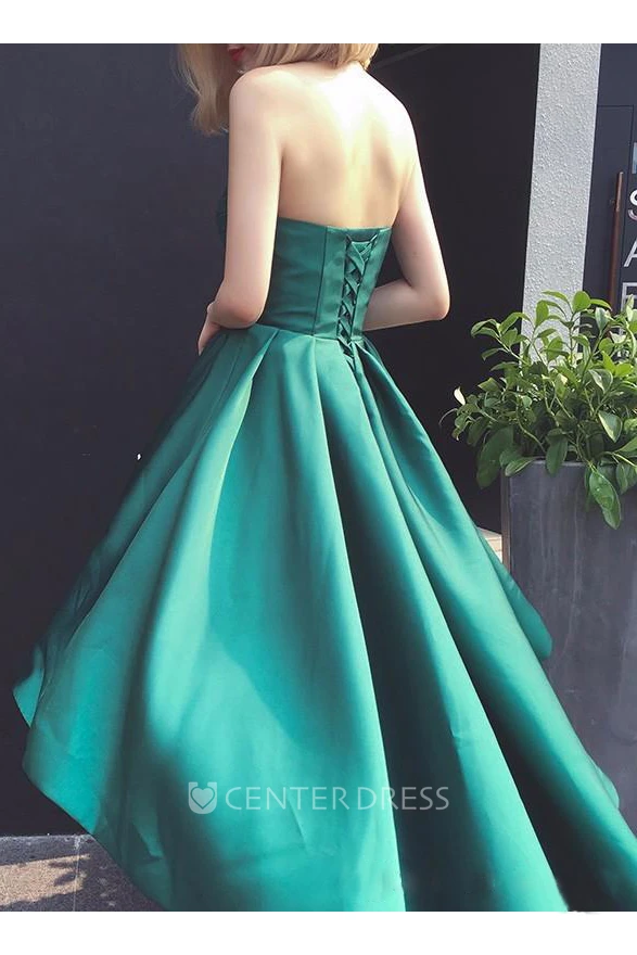 Sexy Sweetheart Strapless Satin High-Low Lace-up Gown with Ruching