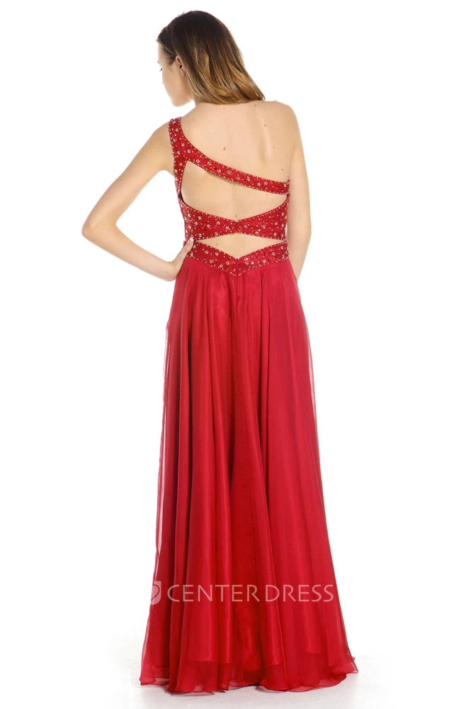 One-Shoulder Ruched Sleeveless Chiffon Prom Dress With Beading And Straps