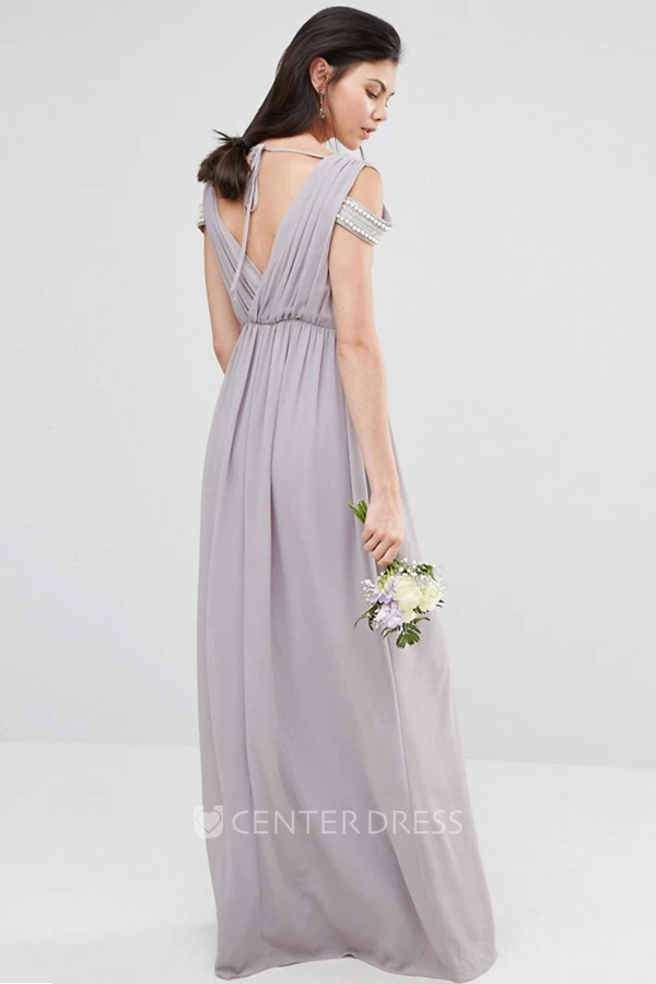 Sheath Beaded V-Neck Chiffon Bridesmaid Dress With Criss Cross