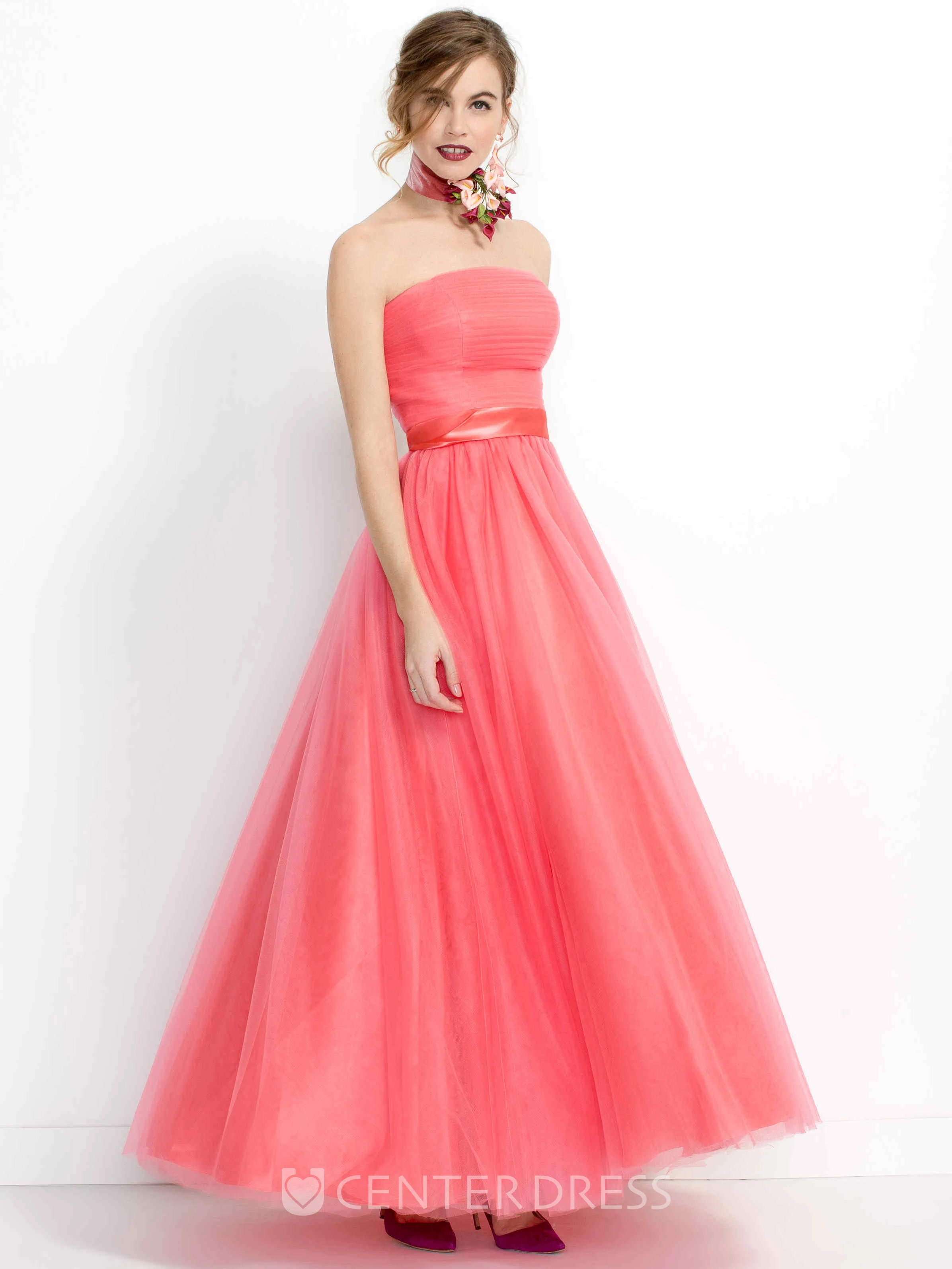 A-Line Ruched Long Strapless Sleeveless Tulle Bridesmaid Dress With Ribbon