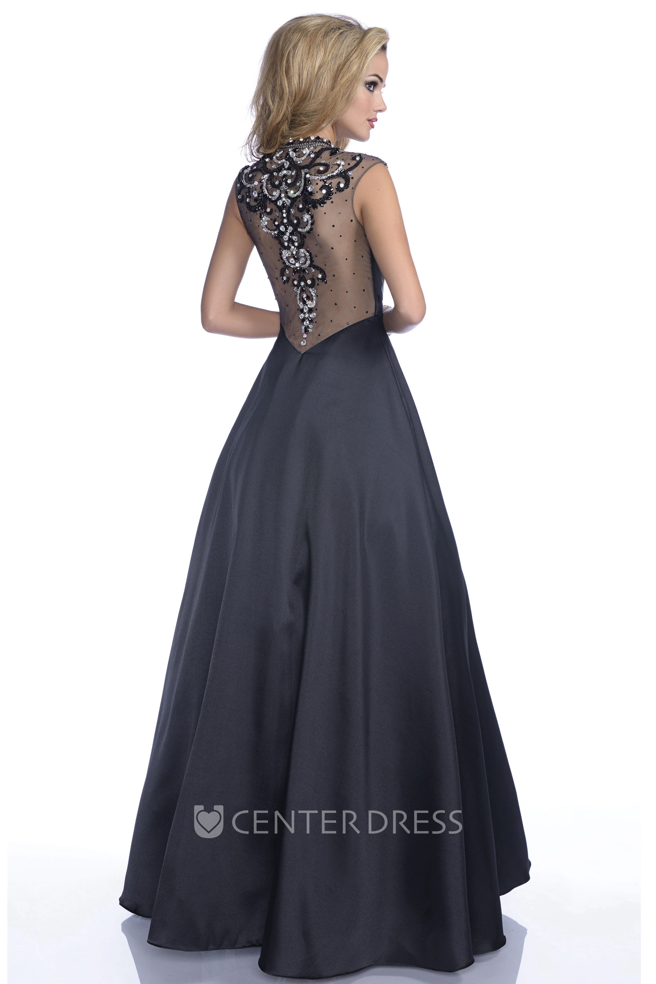 Sophisticated A-Line Cap Sleeve High Neck Tulle Prom Dress With Rhinestones Appliques