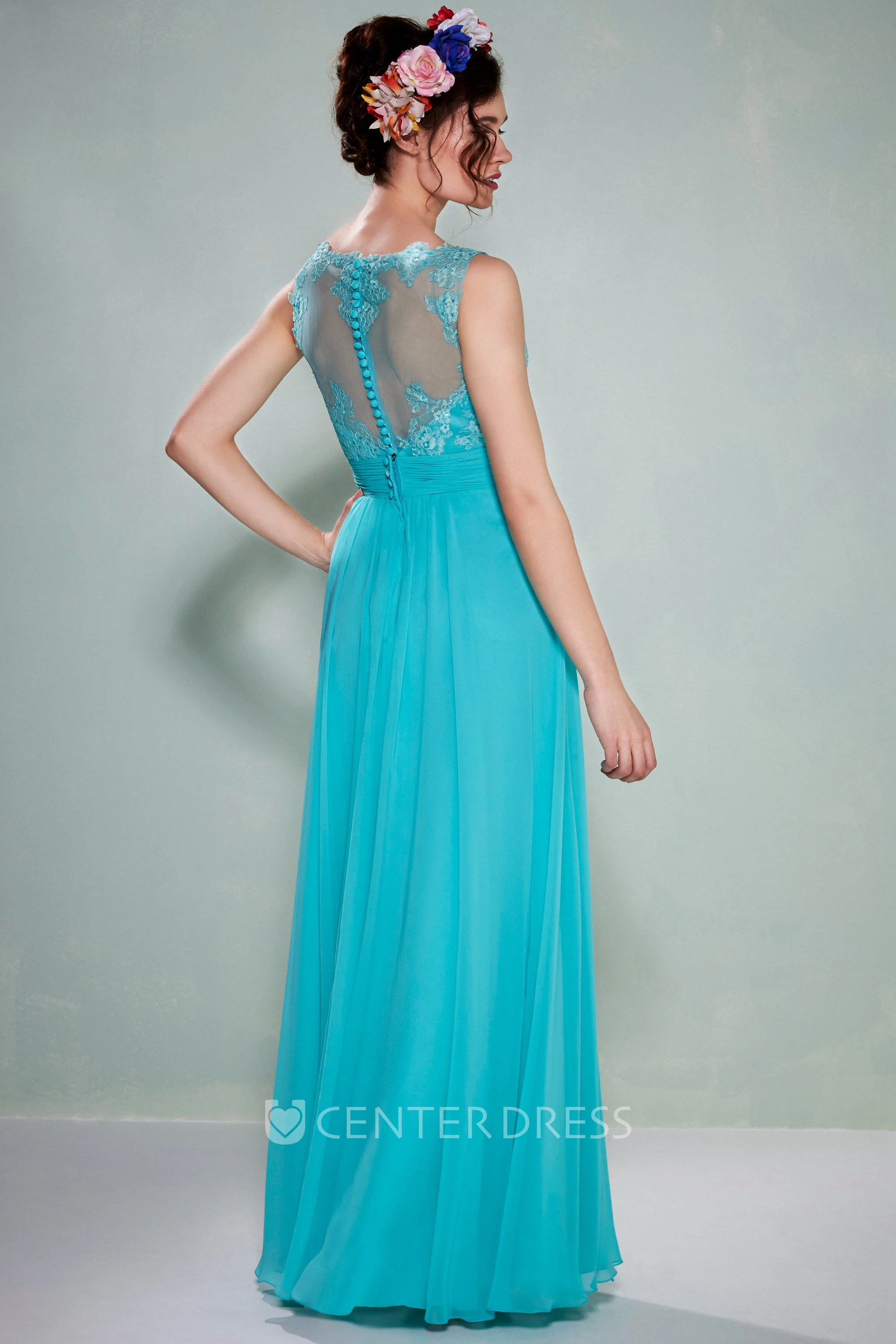Bateau Neck Appliqued Sleeveless Chiffon Bridesmaid Dress With Illusion Back