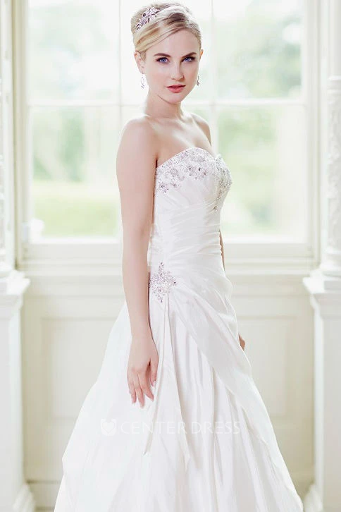 A-Line Sweetheart Beaded Taffeta Wedding Dress With Ruching And Lace Up
