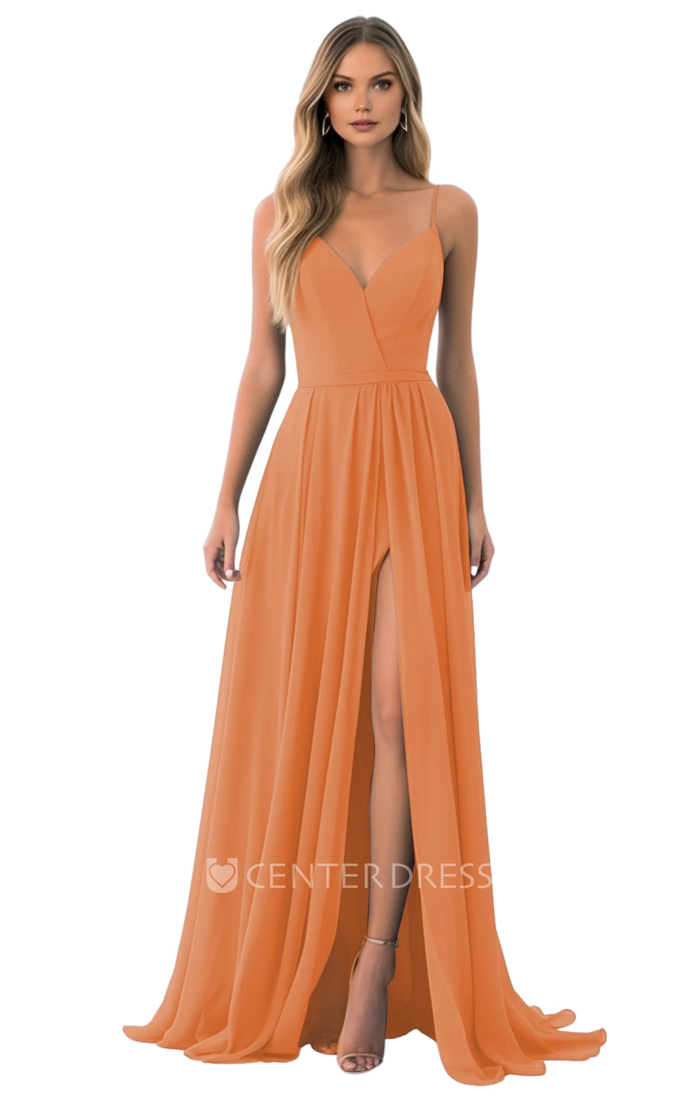Spaghetti Chiffon Bridesmaid Dress with A-Line and Split Front Classy and Beautiful