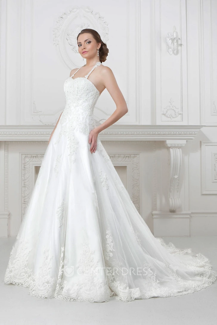 A-Line Floor-Length Spaghetti Appliqued Lace&Satin Winter Wedding Dress