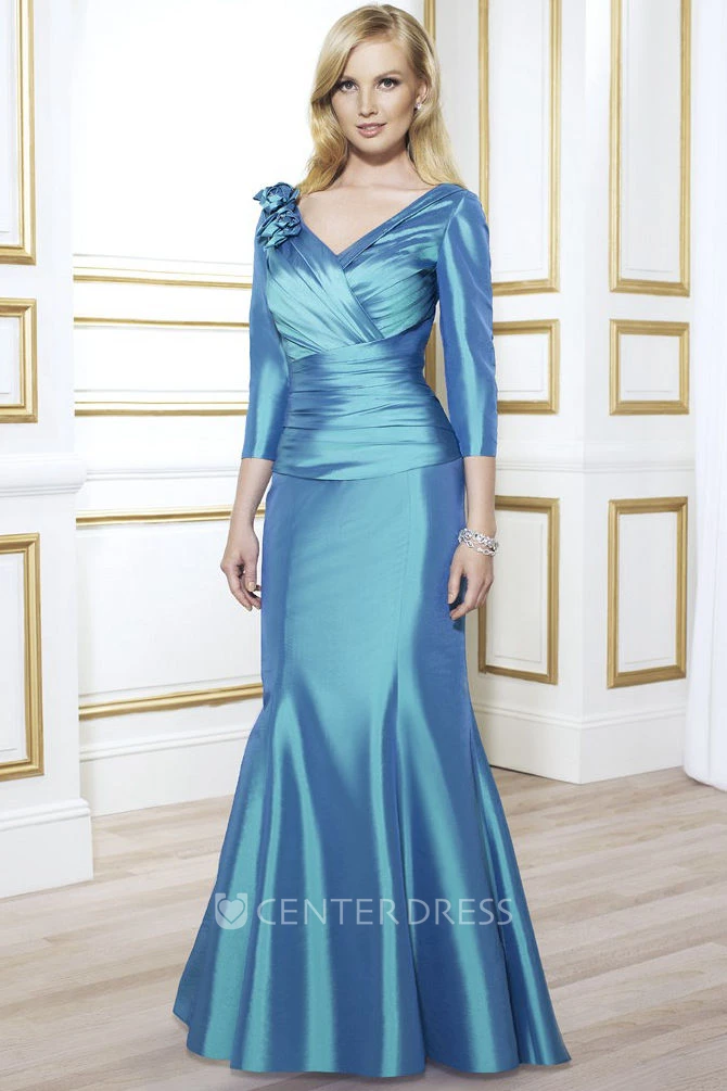 V-Neck Long Sleeve Floral Satin Mother Of The Bride Dress With Ruching