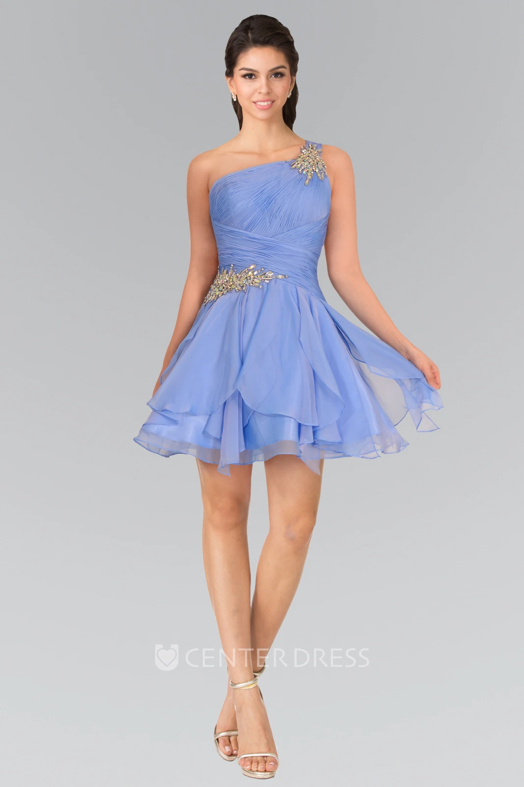A-Line Short One-Shoulder Sleeveless Chiffon Dress With Beading And Ruching