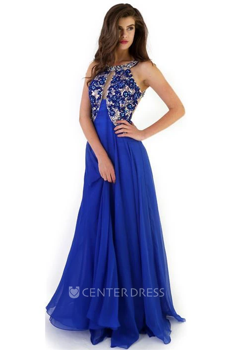 A-Line Sleeveless Floor-Length Crystal Scoop Chiffon Prom Dress With Backless Style And Pleats