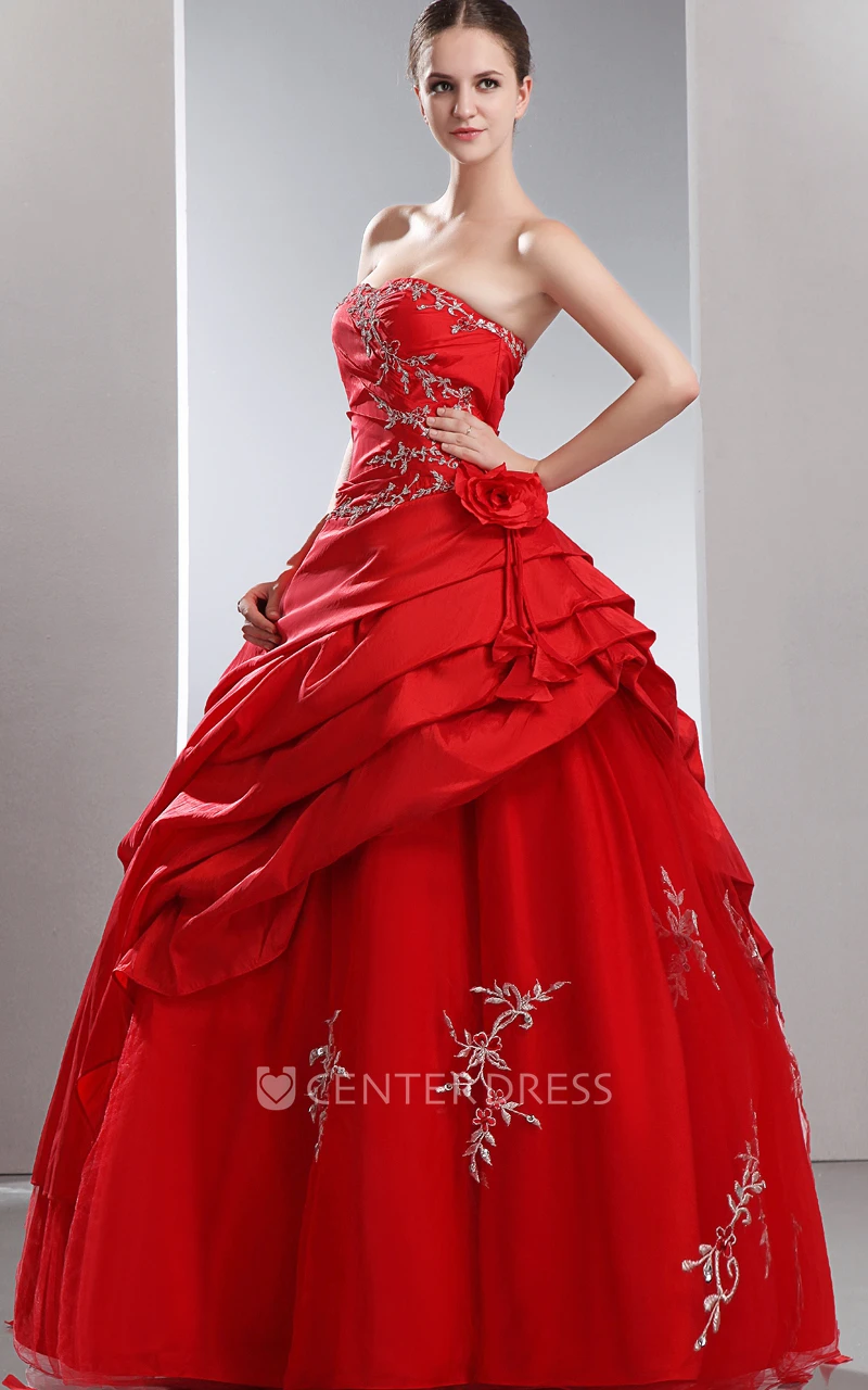 Strapless Layered Ball Gown Satin Prom Dress With Ruffles and Beading