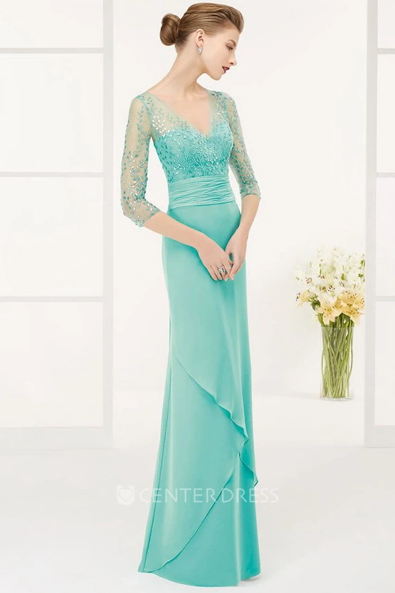 Sheath 3-4-Sleeve Floor-Length V-Neck Sequined Chiffon Prom Dress