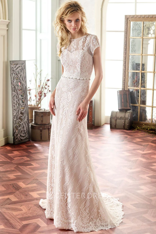 Maxi Scoop Cap-Sleeve Jeweled Lace Wedding Dress With Sweep Train And V Back
