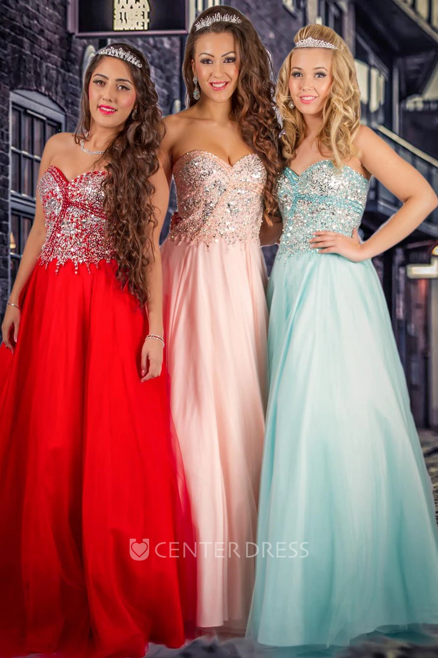 A-Line Sleeveless Sweetheart Beaded Long Tulle Prom Dress With Pleats