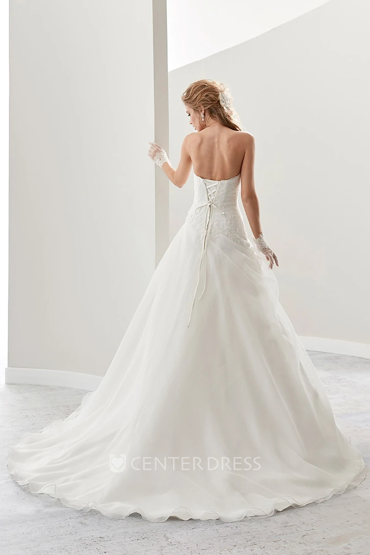 Sweetheart A-Line Lace Bridal Gown With Asymmetrical Ruffles Overlayer And Lace-Up Back