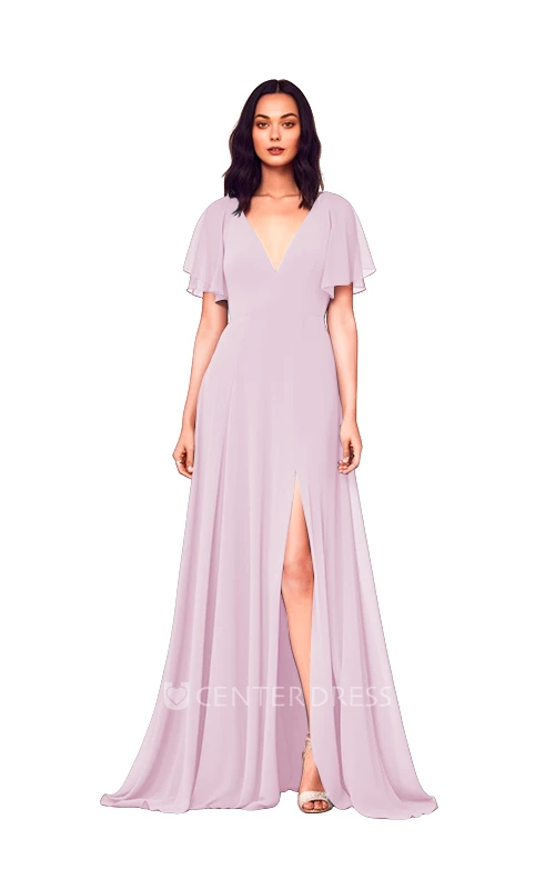 Modest Chiffon A-Line V-neck Bridesmaid Dress with Front Split Simple Wedding Dress