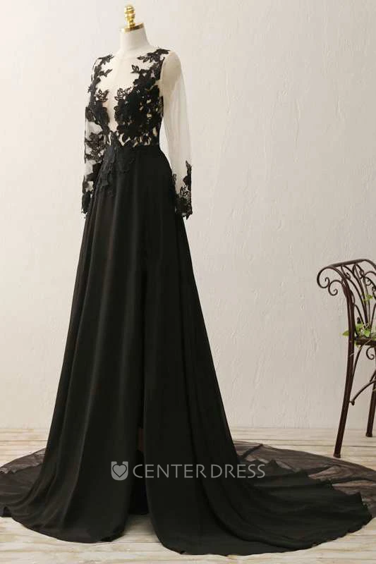 Illusion Lace Long Sleeve A-line Long Chiffon Gown