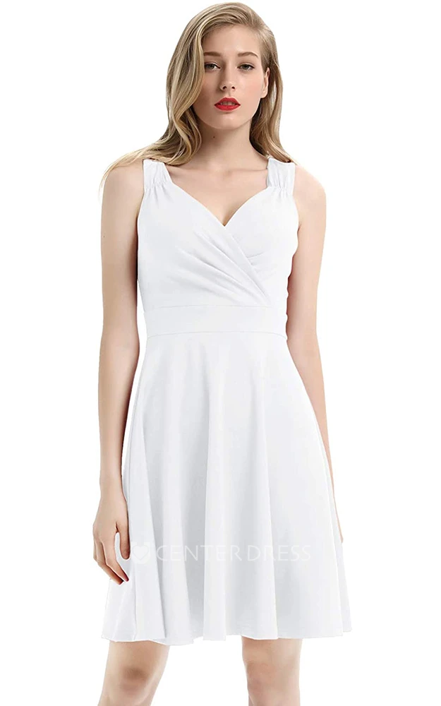 Casual Sleeveless A Line Jersey V-neck Prom Cocktail Dress With Ruffles