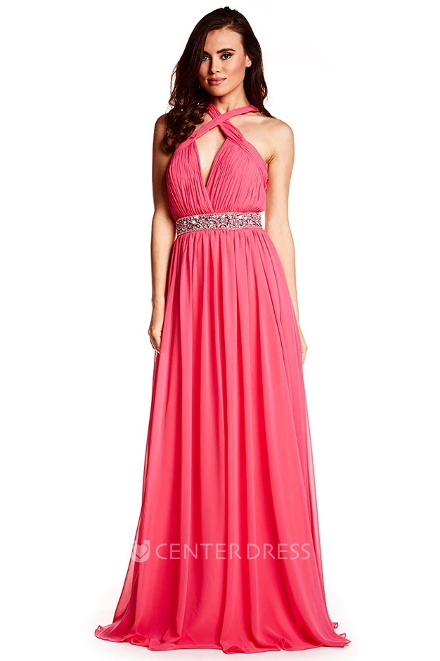 Floor-Length Ruched Sleeveless Halter Chiffon Prom Dress