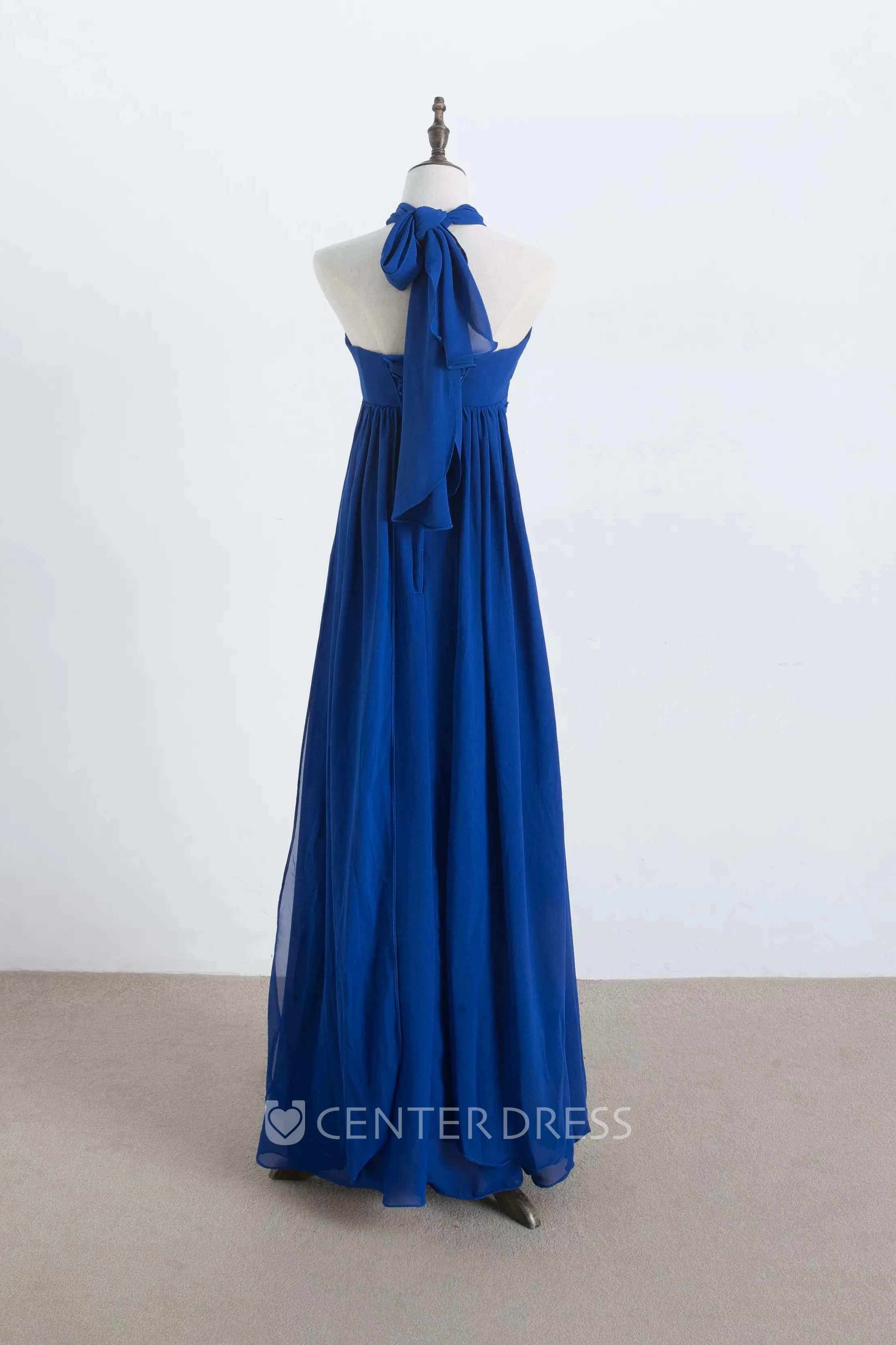 A-line Halter Sleeveless Floor-length Chiffon Bridesmaid Dress with Pleats