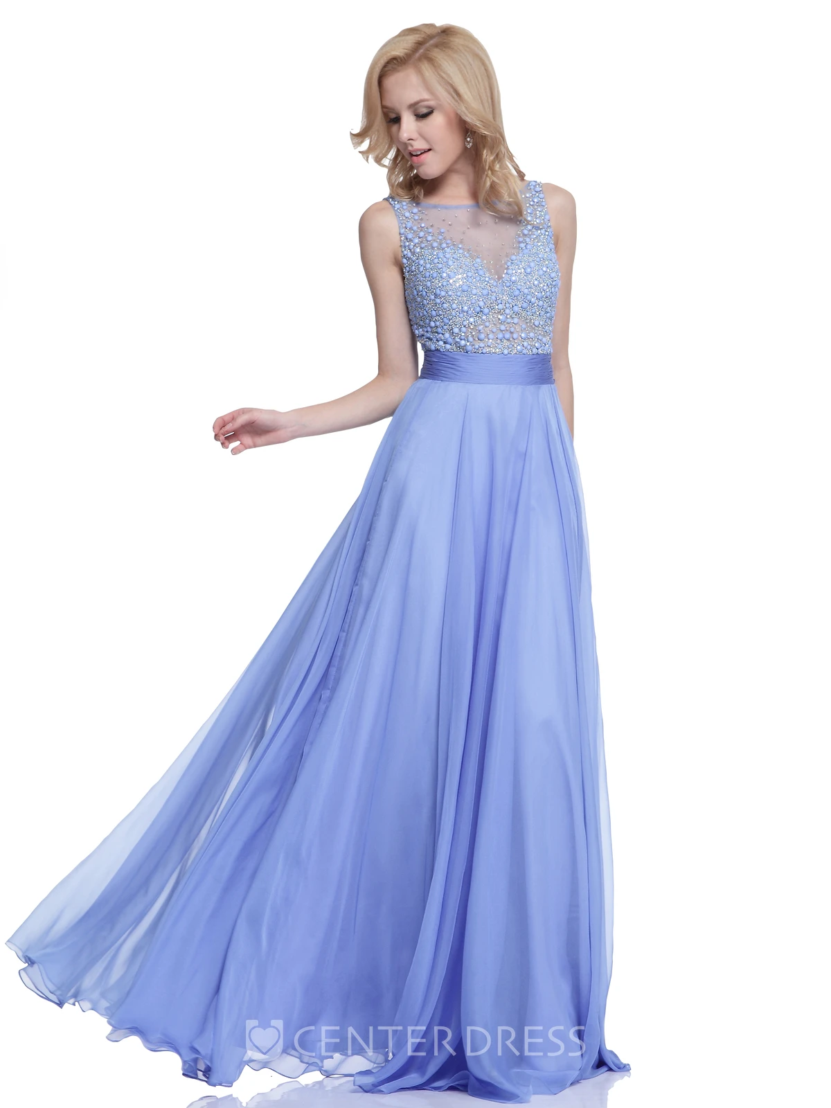 A-Line Long Scoop-Neck Sleeveless Chiffon Low-V Back Dress With Beading And Pleats