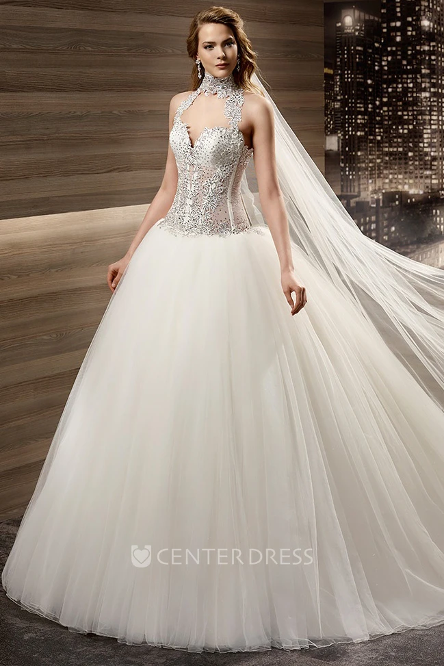 High-Neck Keyhole A-Line Bridal Gown With Beaded Bodice And Pleated Skirt