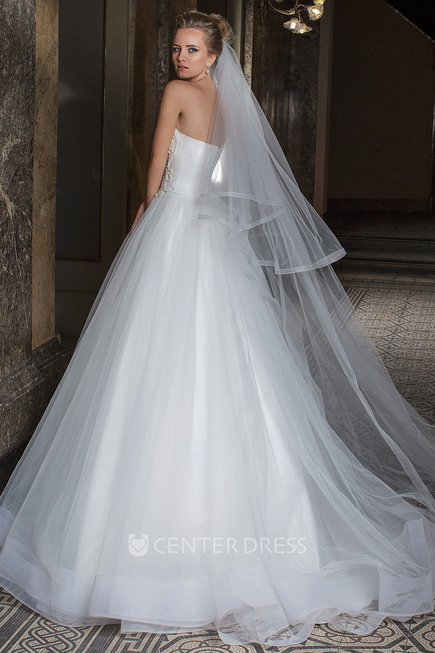 Floor-Length Strapless Beaded Tulle Wedding Dress With Pleats