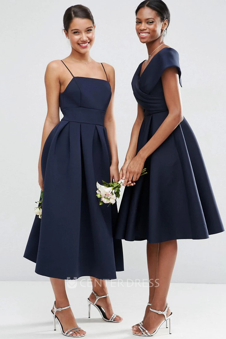 A-Line Spaghetti Tea-Length Sleeveless Satin Bridesmaid Dress