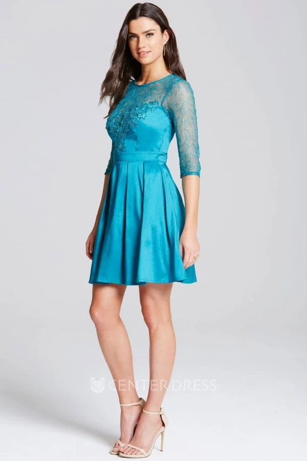 Short Illusion Sleeve Appliqued Scoop Neck Satin Bridesmaid Dress With Keyhole