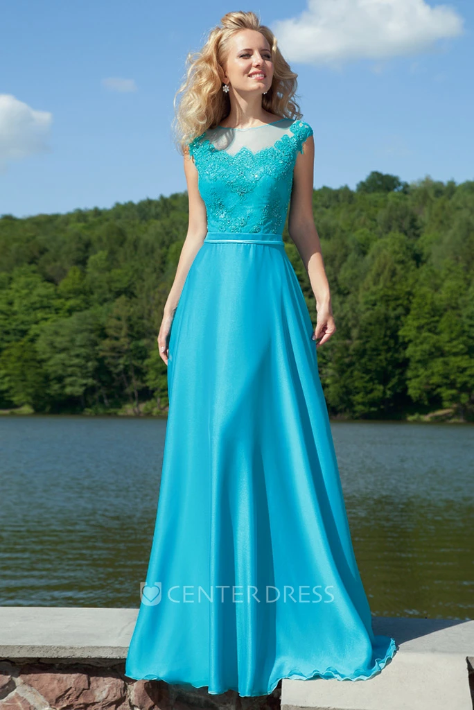Long Appliqued Jewel-Neck Cap-Sleeve Chiffon Prom Dress With Bow
