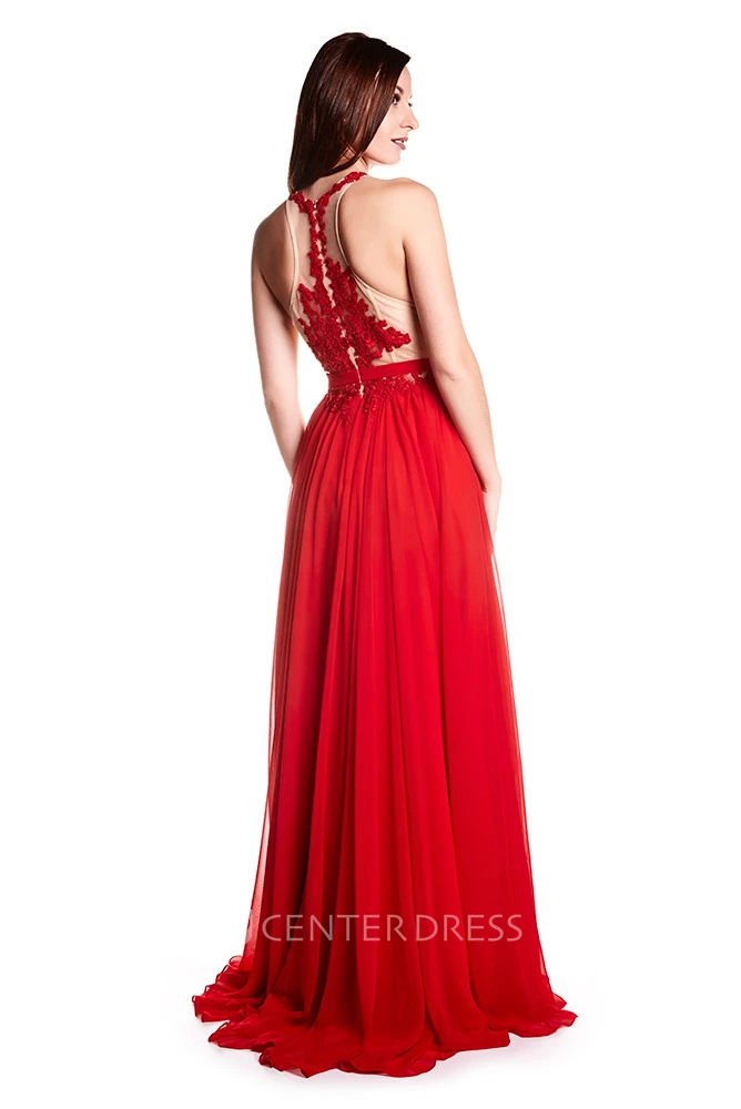 High Neck Appliqued Sleeveless Chiffon Prom Dress With Illusion Back