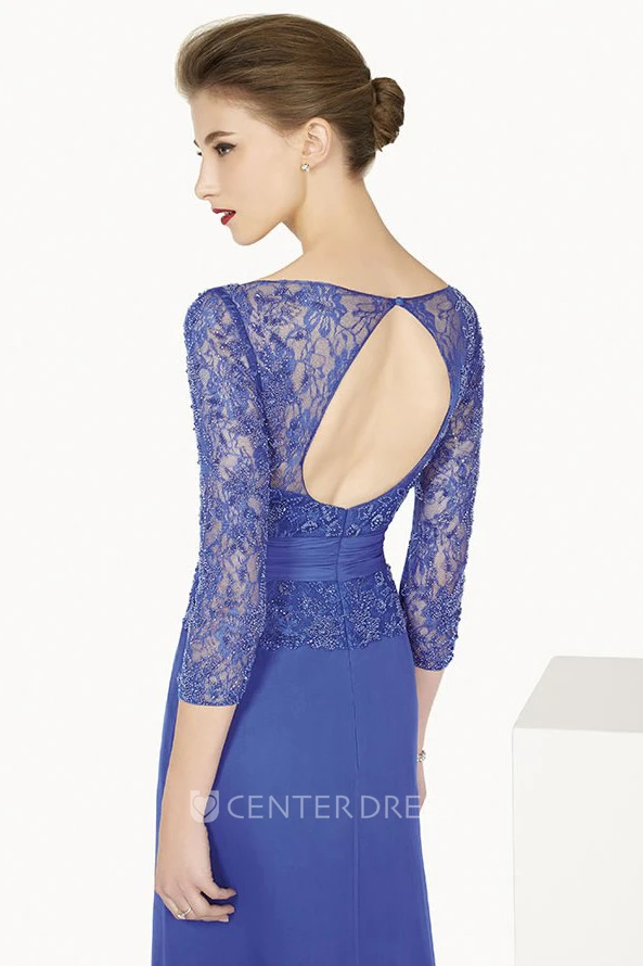 Bateau 3-4 Sleeve Long Prom Dress With Lace Top And Back Keyhole