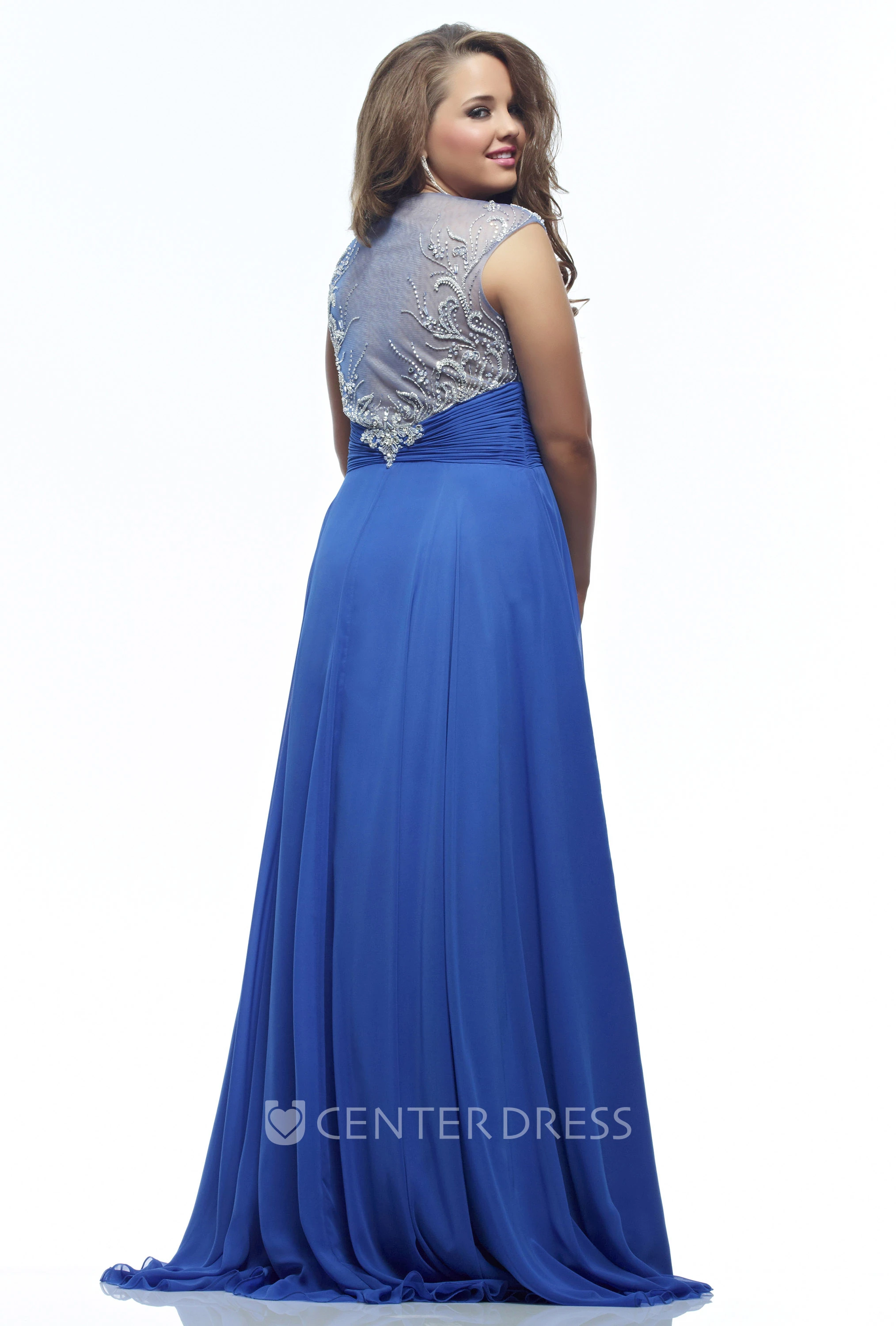 A-line Floor-length V-neck Sleeveless Cap Jersey Beading Illusion Dress