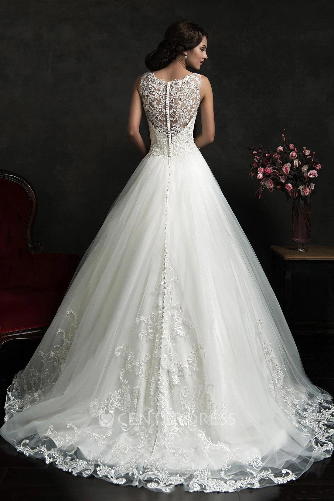 A-Line Short Jewel Straps Sleeveless Bell Appliques Chapel Train Button Straps Keyhole Lace Dress