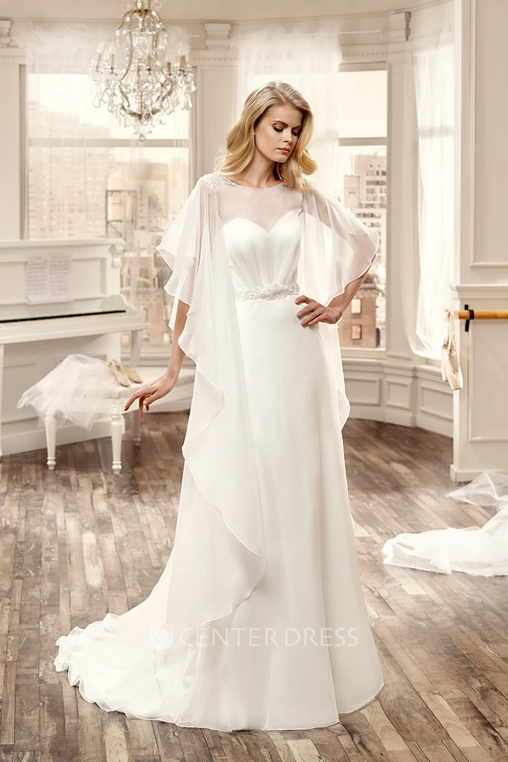 Ruching Chiffon Wedding Dress With Open Back And Brush Train
