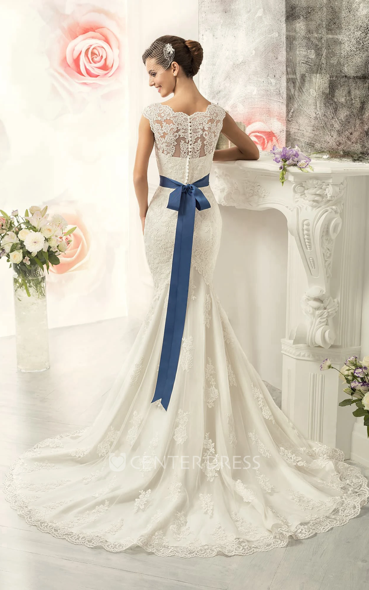 Mermaid Long Bateau Cap-Sleeve Illusion Lace Dress With Appliques