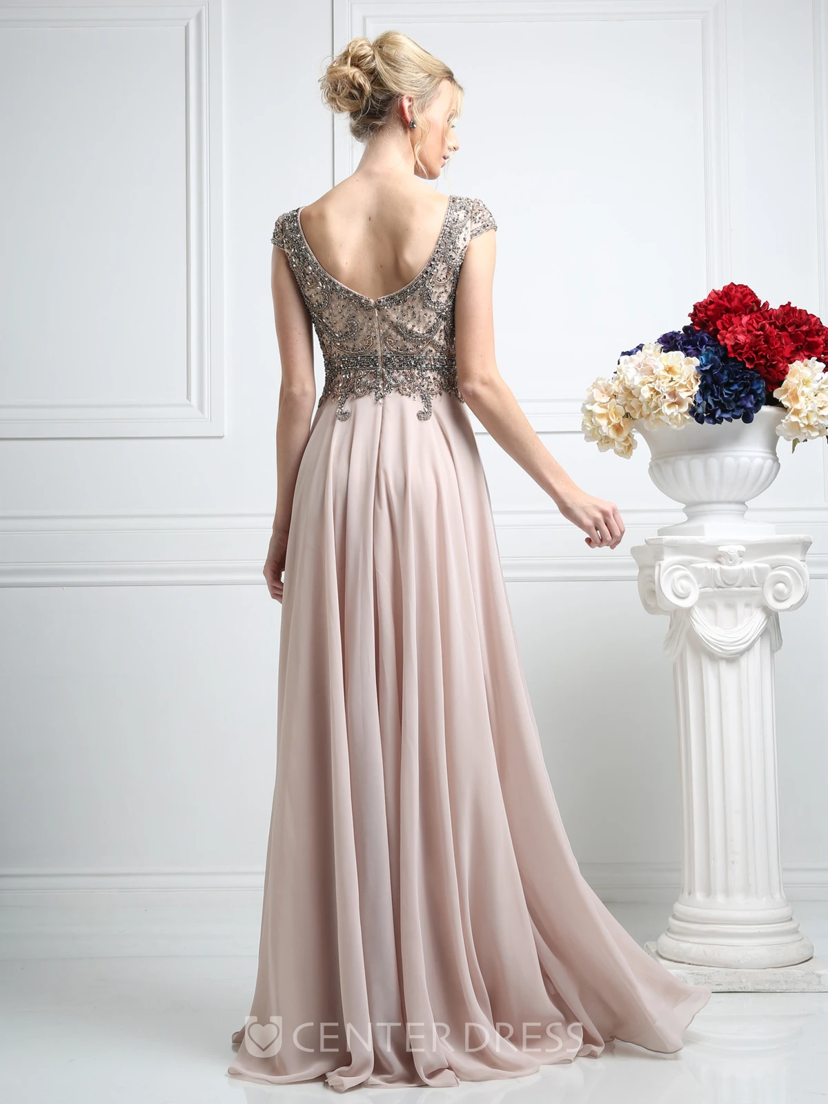 Sheath Maxi V-Neck Cap-Sleeve Chiffon Low-V Back Dress With Beading And Pleats