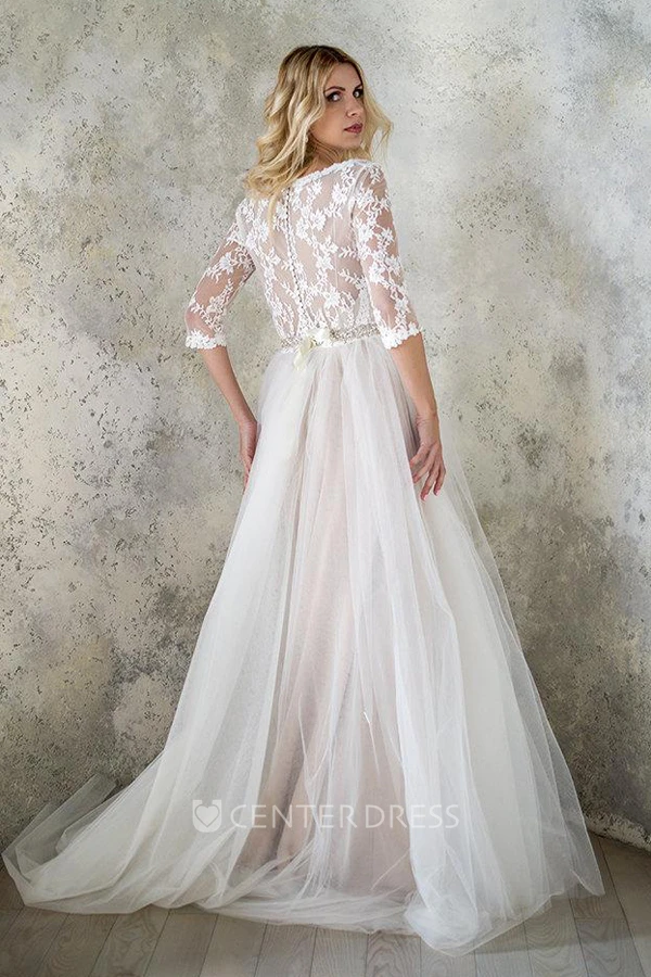 V-Neck 3-4 Length Sleeve Tulle Sequins Satin Beaded Lace Wedding Dress