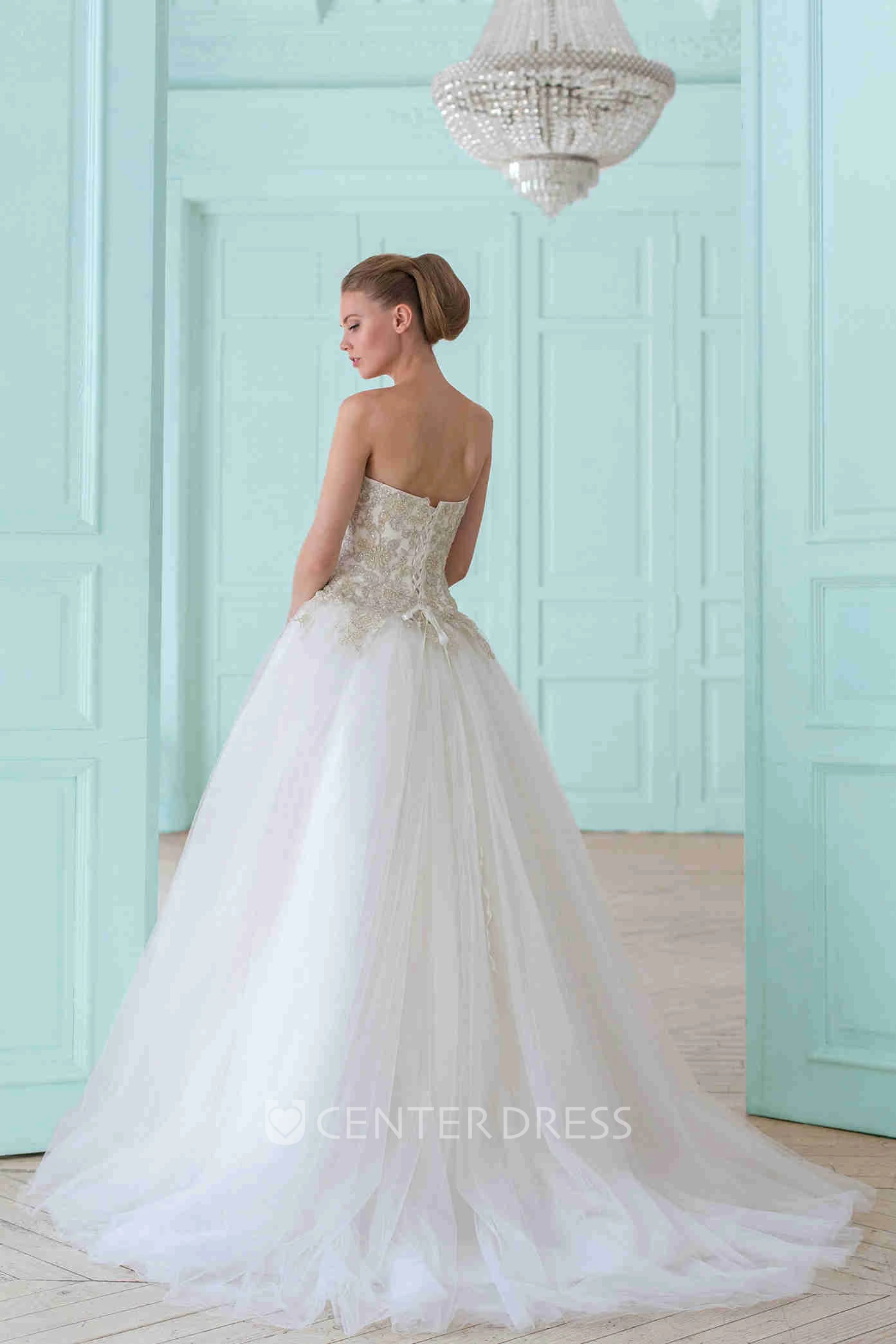 Ball Gown Long Sweetheart Tulle Wedding Dress With Beading And Corset Back