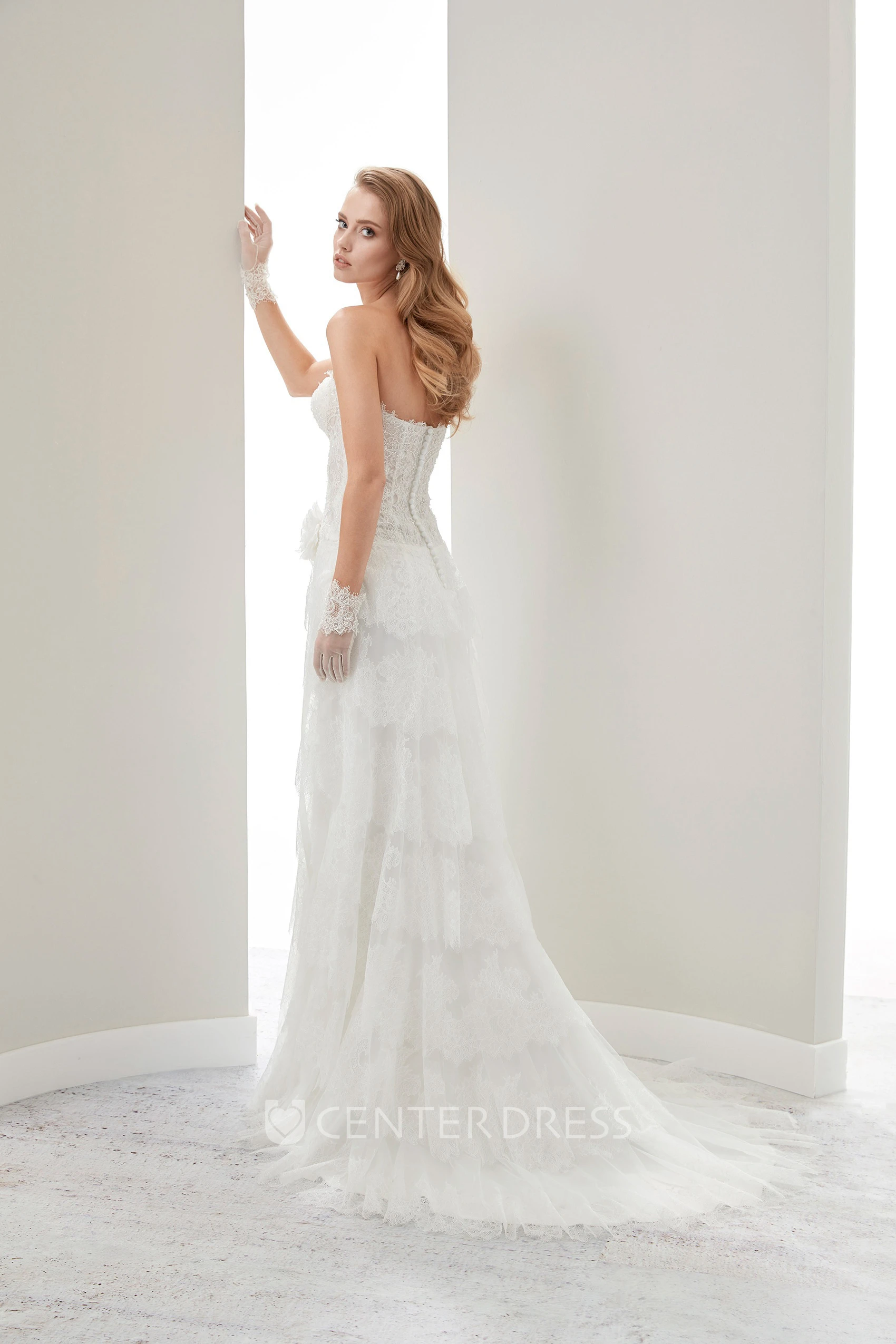 Strapless Flower Draping Wedding Gown with Lace Corset and Side-split Overlayer